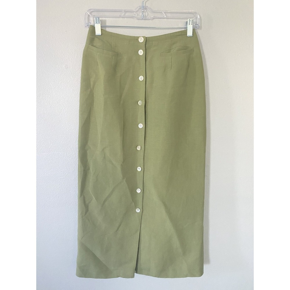 Liz Claiborne Vintage Linen Blend Green‎ Button Down Maxi Skirt Sz 8P